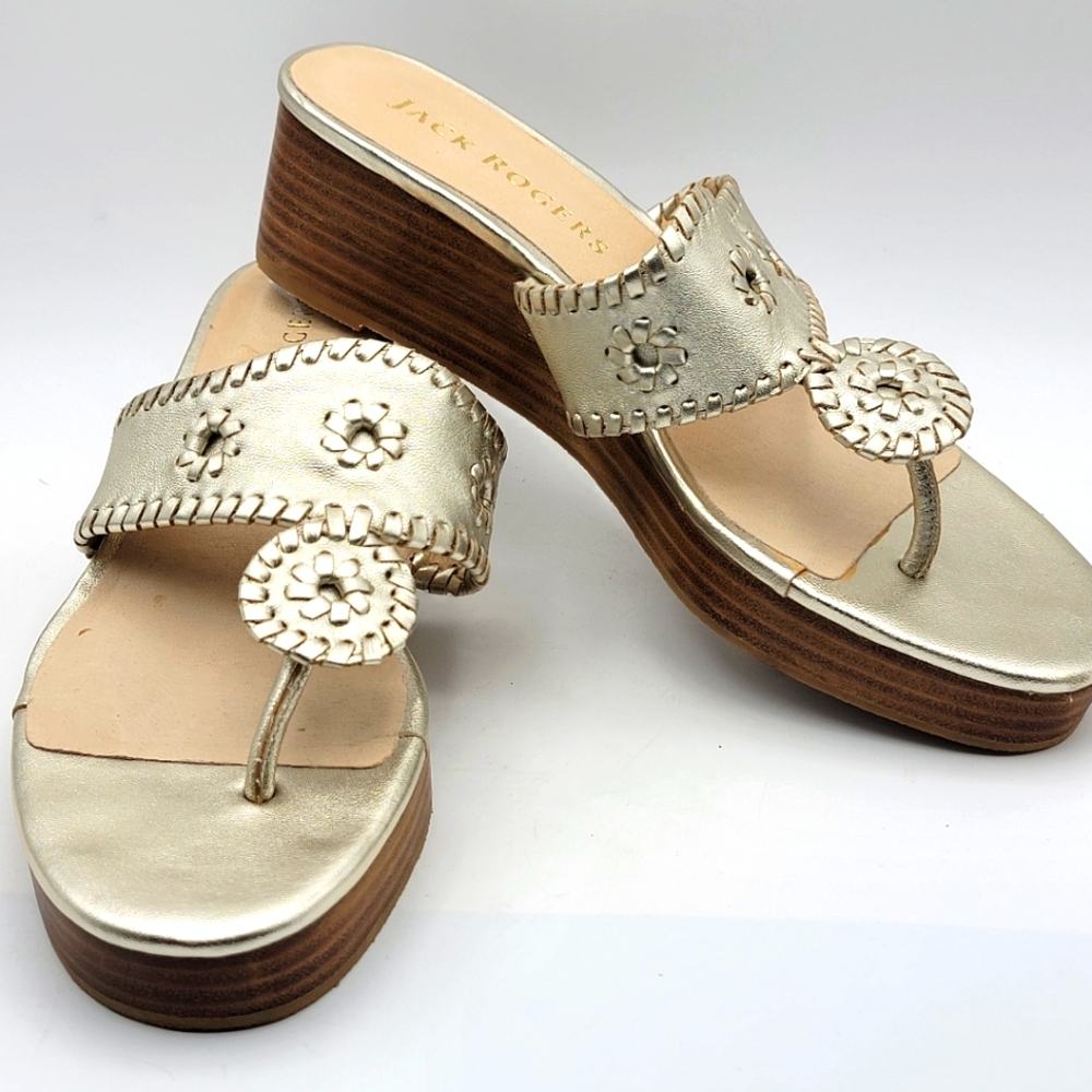 Jack Rogers Gold‎ Wedge Sandals with Whipstitching SIZE 9.5. #1494